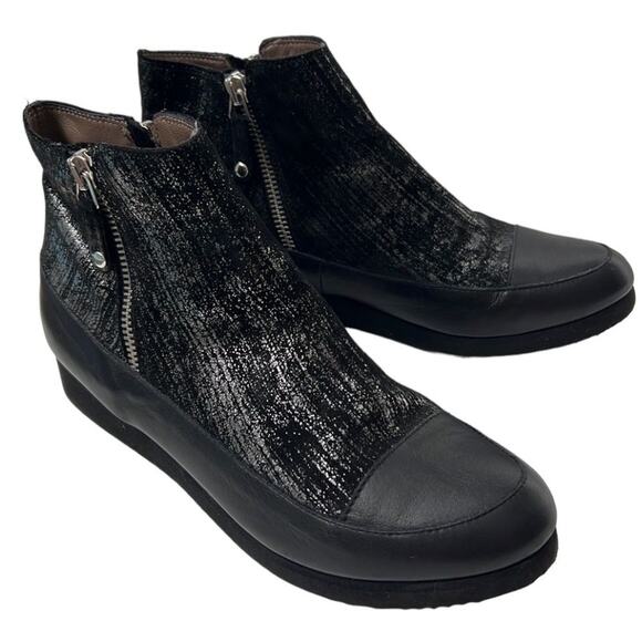 Ron White Ankle Boots Women EU 37.5 US 7 Side Zip Black Silver Low Wedge Casual - Picture 1 of 12